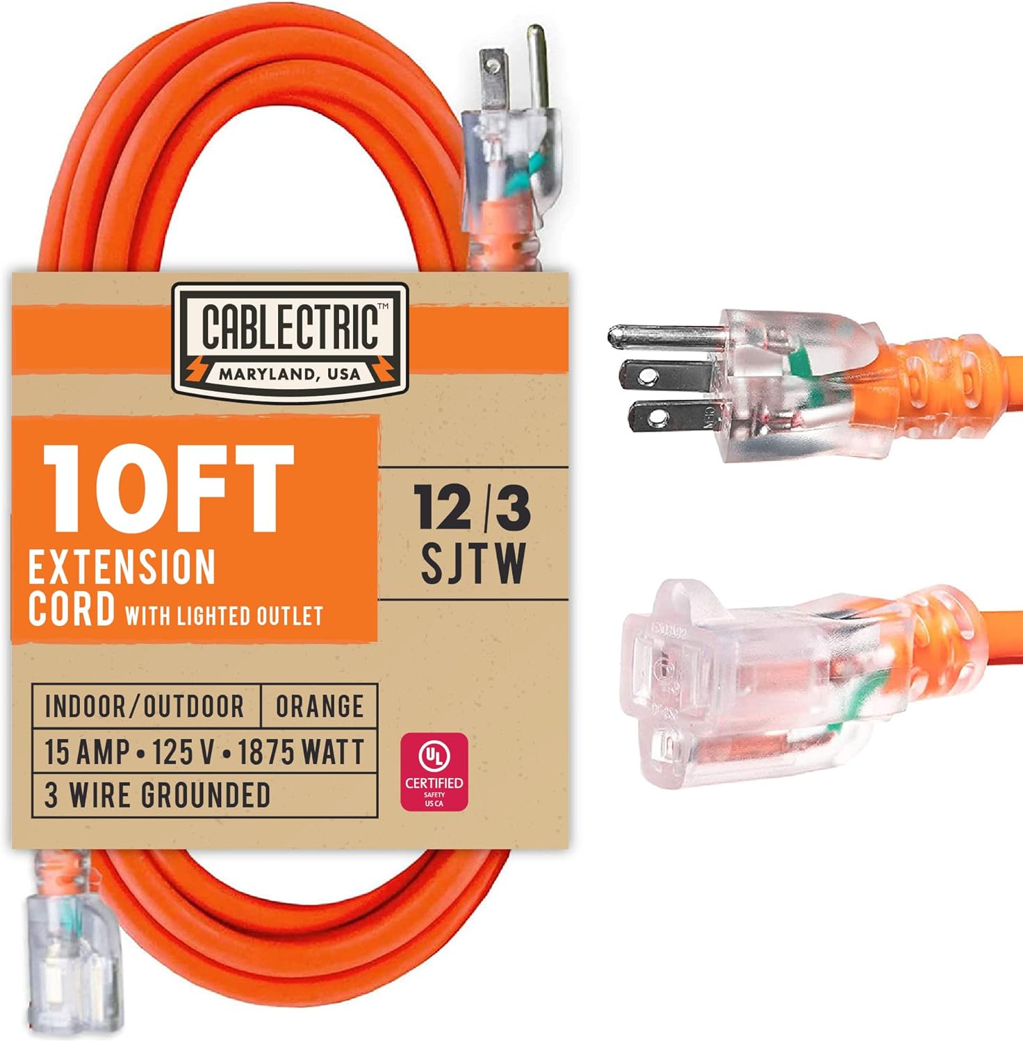 Heavy Duty Extension Cord 10 Ft, Weatherproof 12 Gauge Extension Cord