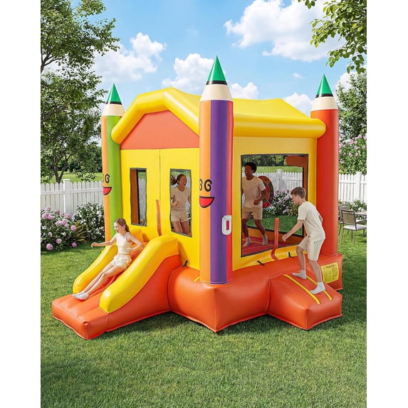 Heavy-Duty Extra Large Inflatable Bounce House with Slide, Roomy Jump Area, 174" L x 174" W x 144.9" H, Outdoor Bouncer Castle with Air Blower for Party Play