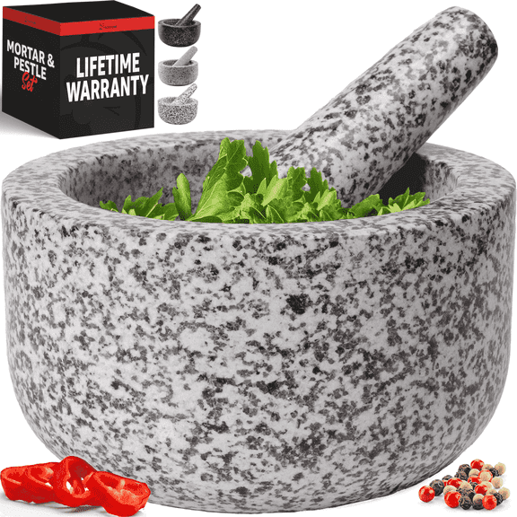 Heavy Duty Extra Large Mortar and Pestle Set, Hand Carved from Natural Granite, 4 Cup, White