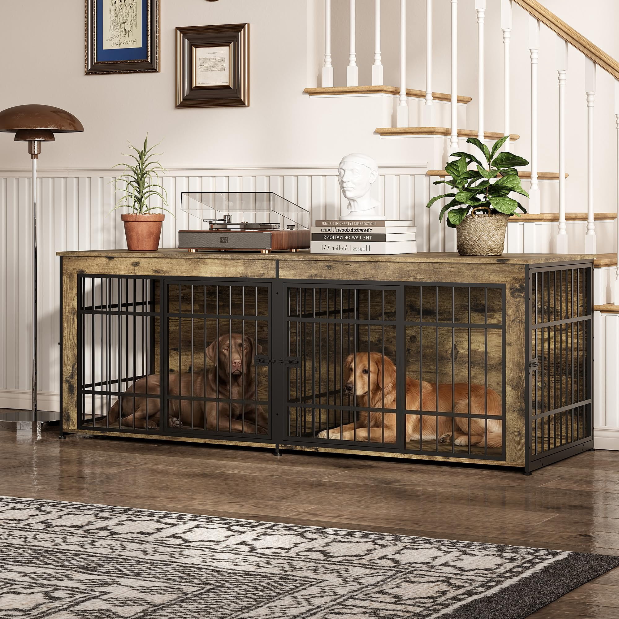 Heavy Duty Extra Large Wooden Dog House Furniture – 4 Doors & Divider – Decorative End Table TV Stand, Indoor Kennel for Large/Medium Dogs – Rustic Tiger Wood, 2m