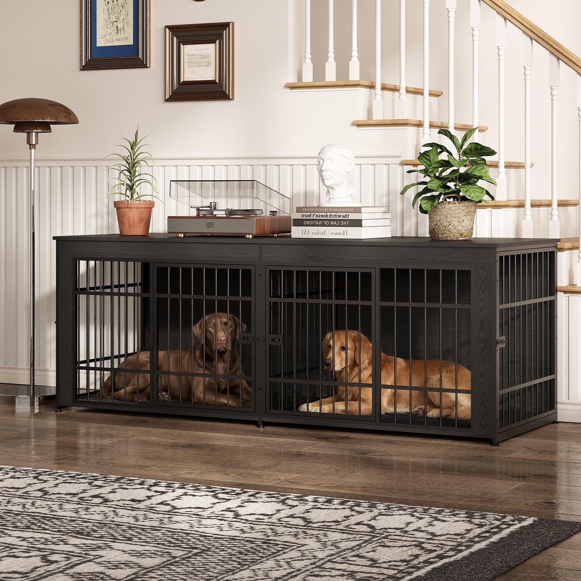 Heavy Duty Extra Large Wooden Dog House Furniture – 4 Doors, Divider & Storage – End Table TV Stand, Indoor Kennel for Large/Medium Breeds – Gray, 2m