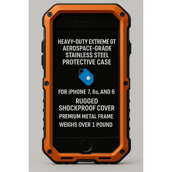 Heavy Duty Extreme GT Aerospace Stainless Steel Protective Case for iPhone 7, Compatible with iPhone 6s and 6, Black and Orange Trim, Rugged Metal Cover for Maximum Protection, Over 1 LB Weight EG707