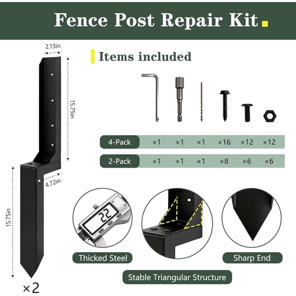 Heavy Duty Fence Post Anchor, Thickened Fence Post Repair Kit, Ground Stakes for Repair Tilted, Broken Wood Posts Support (2-Pack Black)