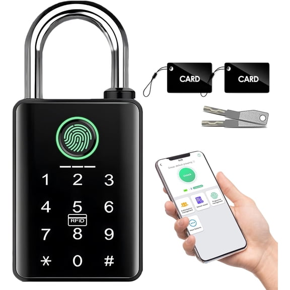 Heavy Duty Fingerprint Padlock with Key, 6-in-1 Keyless Entry Lock with Code Keypad, Tuya App, RFID, Digital Combination Lock for Outdoor Gate, Fence, Shed, Pool, Storage Unit, Locker.