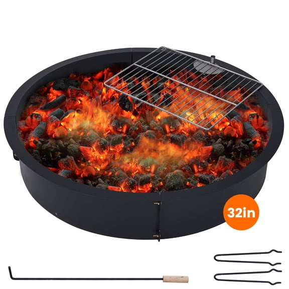 Heavy Duty Fire Pit Ring with Grill-Grate, Firepit Cooking Ring 2.5MM Steel Heat-Resistant Large Fire Pit Insert Round, Above/In Ground Fire Pit, for Camping Garden Backyard