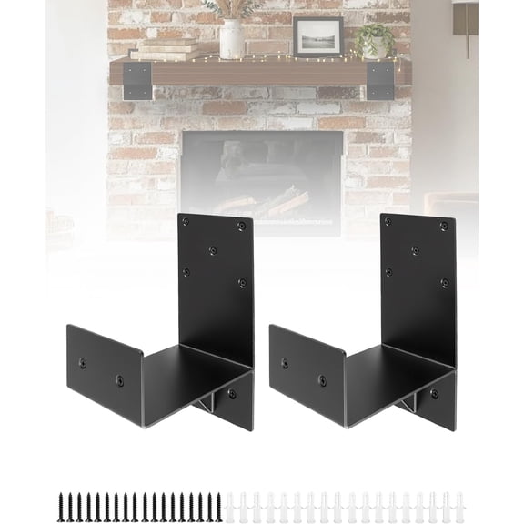 Heavy Duty Fireplace Wall Bracket, U-Shaped Steel Beam Support for Floating Mantel Shelf, Black Carbon Steel Mounting Brackets (2 Pack)