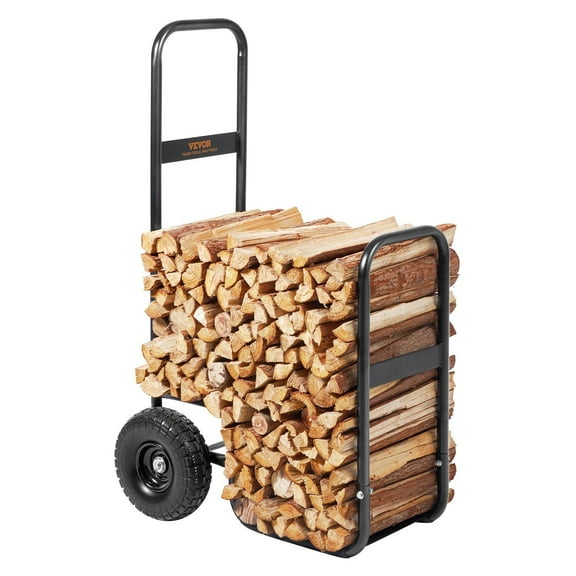 Heavy Duty Firewood Dolly Cart with PU Wheels, 250 lb Capacity Steel Log Hauler for Indoor & Outdoor Fireplace and Fire Pit Use, Black