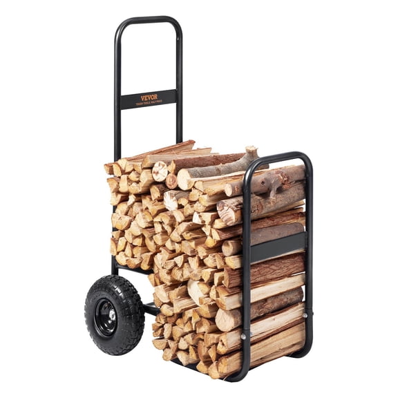 Heavy Duty Firewood Log Cart 250 lbs Load Capacity Steel Dolly with Pneumatic Wheels Indoor Outdoor Fireplace Fire Pit Carrier Black