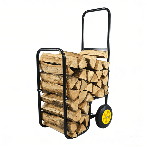 Heavy Duty Firewood Log Cart Carrier - Black Steel Wood Rack Storage Mover with Wheels for Indoor or Outdoor Use, Rolling Metal Dolly Hauler, Garden Utility Cart