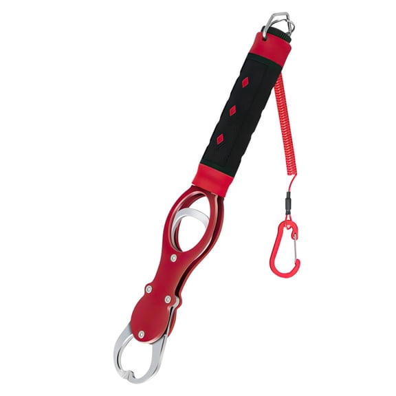 Heavy-Duty Fish Gripper with Scale Rustproof Aluminum Body, Non-Slip Rubber Handle, Built-in Weight Estimator & Wrist Lanyard（red）