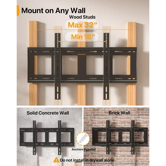 Heavy Duty Fixed TV Wall Mount for 42"-115" TVs up to 225 lbs, Low TV Mount Fits 16", 24", 32" Studs, One-Piece Bracket with Magnetic Pull Tabs, Max VESA 800x600mm