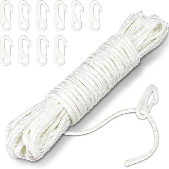 Heavy-Duty Flag Pole Rope Replacement,Flag Pole Halyard Rope with 10 Pieces Plastic Hook Clips,Flagpole Nylon Flag Halyard,Outdoor Flagpole Accessories,Rope for Clothesline, Swing, Camping,White