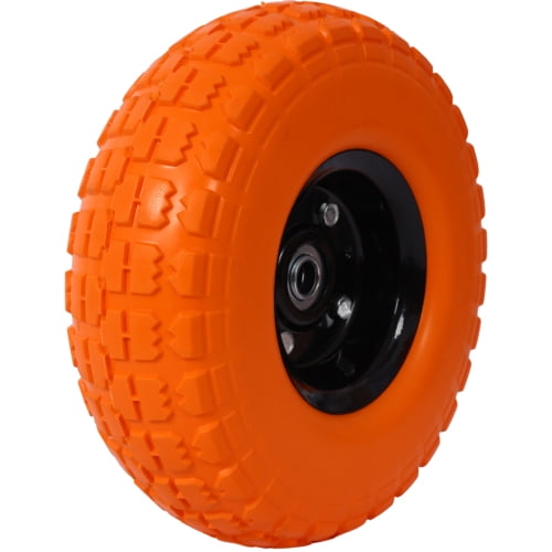 Heavy-Duty Flat free PU foam Tire and Wheel - 4.10/3.50-4", 10" Diameter, 5/8" Axle Bore Hole, 2.2" Offset Hub and Double Sealed Bearings for Hand Trucks Replacement,orange color,