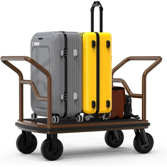 Heavy-Duty Flatbed Hotel Luggage Cart, 1500 lbs Capacity Bellman Trolley with 8" Silent Pneumatic Wheels, 442636 Inch Bronze Frame, Nylon Carpet Deck & Bumper Rails BERPET