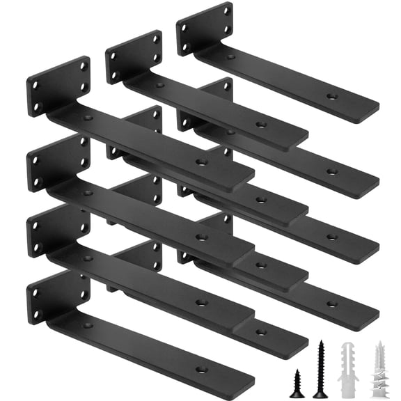 Heavy Duty Floating Shelf Brackets, 10-Inch (1/5'' Thick) Hidden Shelves Hardware, Iron L Brackets, Rustic Industrial Black Metal Wall Shelving Supports, 12 Pack