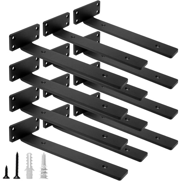 Heavy Duty Floating Shelf Brackets, 10-Inch (1/5'' Thick) Hidden Shelves Hardware, Iron L Brackets, Rustic Industrial Black Metal Wall Shelving Supports, 12 Pack