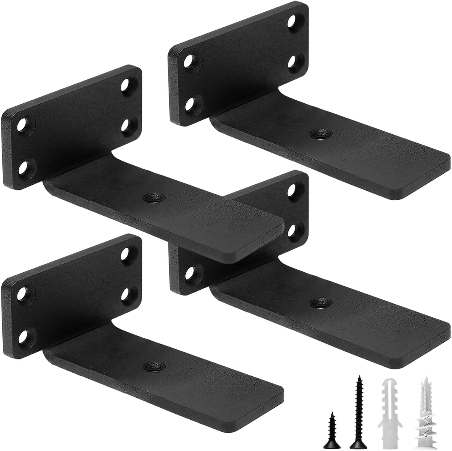 Heavy Duty Floating Shelf Brackets 4-Inch (1/5'' Thick) Hidden Shelves Hardware Iron L Rustic Industrial Black Metal Wall Shelving Supports 4 Pack