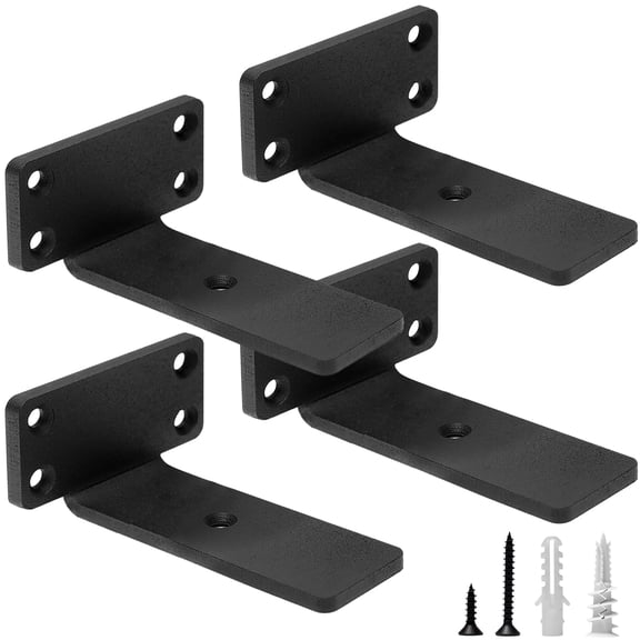 Heavy Duty Floating Shelf Brackets, 4-Inch (1/5'' Thick) Hidden Shelves Hardware, Iron L Brackets, Rustic Industrial Black Metal Wall Shelving Supports, 4 Pack