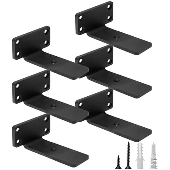 Heavy Duty Floating Shelf Brackets, 4-Inch (1/5'' Thick) Hidden Shelves Hardware, Iron L Brackets, Rustic Industrial Black Metal Wall Shelving Supports, 6 Pack