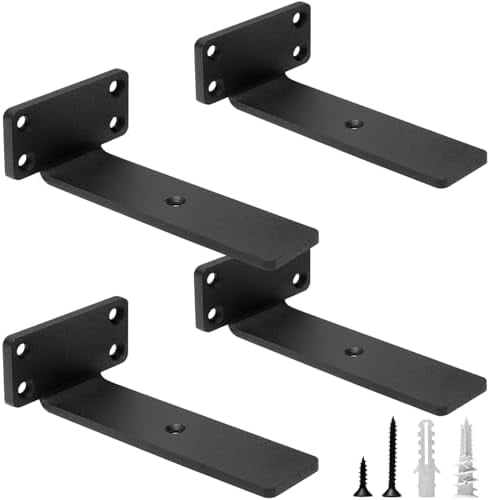 Heavy Duty Floating Shelf Brackets, 6-Inch (1/5'' Thick) Hidden Shelves Hardware, Iron L Brackets, Rustic Industrial Black Metal Wall Shelving Supports, 4 Pack