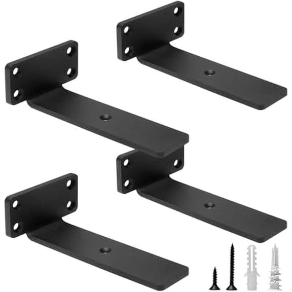 Heavy Duty Floating Shelf Brackets, 6-Inch (1/5'' Thick) Hidden Shelves Hardware, Iron L Brackets, Rustic Industrial Black Metal Wall Shelving Supports, 4 Pack