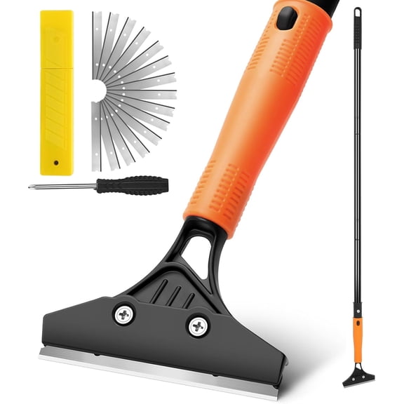 Heavy Duty Floor Scraper with Long Handle,4 Inch Razor Blade Scraper Tool Cleaning for Popcorn Ceiling Wall Glass Windows Gum Paint Tile Glue Linoleum,10PCS Extra Metal Blades,Orange