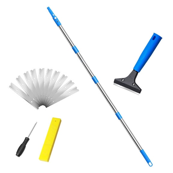 Heavy-Duty Floor Scraper with 8-66.5" Long Handle, 4-Inch Metal Blade Cleaning Tool, Includes 10 Replacement Blades