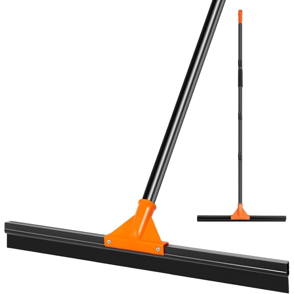 Heavy Duty Floor Squeegee with Long Handle, 18" Rubber Wiper Broom for Concrete Tile Cleaning Commercial Scrubber Mop Garage Deck Bathroom Kitchen Pool Glass