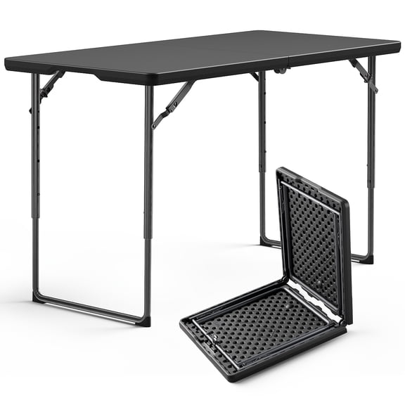 Heavy-Duty Fold-in-Half Adjustable Height Folding Table, Portable Plastic Top with Steel Legs for Camping, Picnics, Office, and Patio Use, Includes Carry Handle, No Assembly