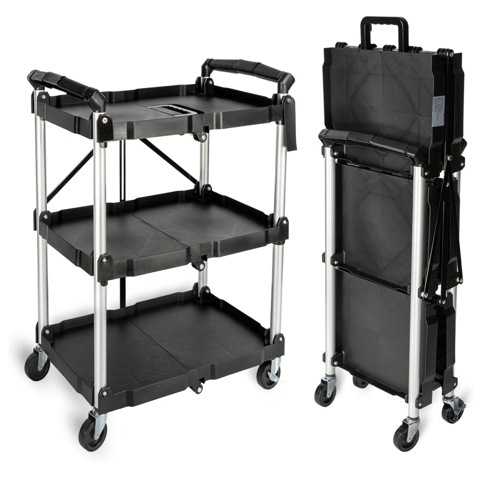 Heavy Duty Foldable 3-Tier Rolling Utility Cart with Lockable Silent ...