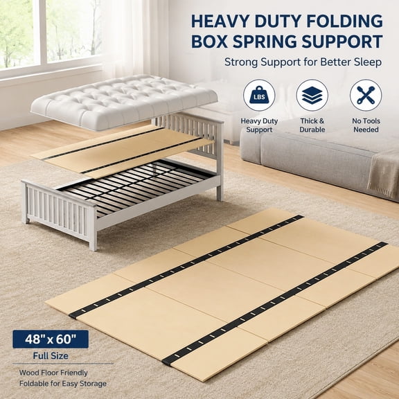 Heavy Duty Foldable Box Spring Mattress Foundation, Thick Wood Floor Support Slats, 48"x60", Bed Frame Support