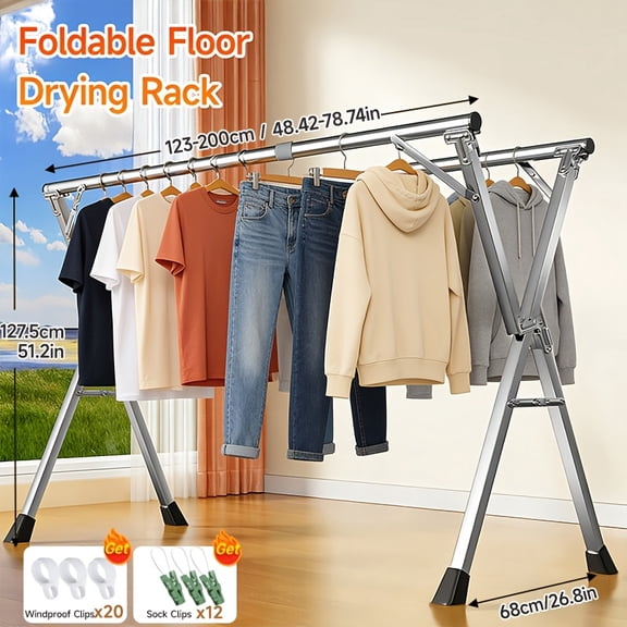 Heavy-Duty Foldable Clothes Drying Rack, 78.75" Telescoping Stainless Steel Laundry Rack with Windproof Clips for Indoor Outdoor Balcony Apartment RV