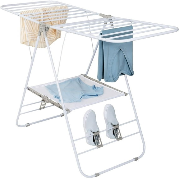 Heavy-Duty Foldable Laundry Drying Rack Portable Clothes and Shoes Rack, Space-Saving Gullwing Design, Sturdy Metal Frame, 50 lb Capacity, White