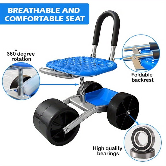 Heavy-Duty Foldable Metal Garden Cart with 360 Swivel Wheels & 380 Rotation, Thickened Bearings, Breathable Seat for Lawn Care & Gardening Tools, Ideal Fathers Day Gift for Outdoor Enthusiasts