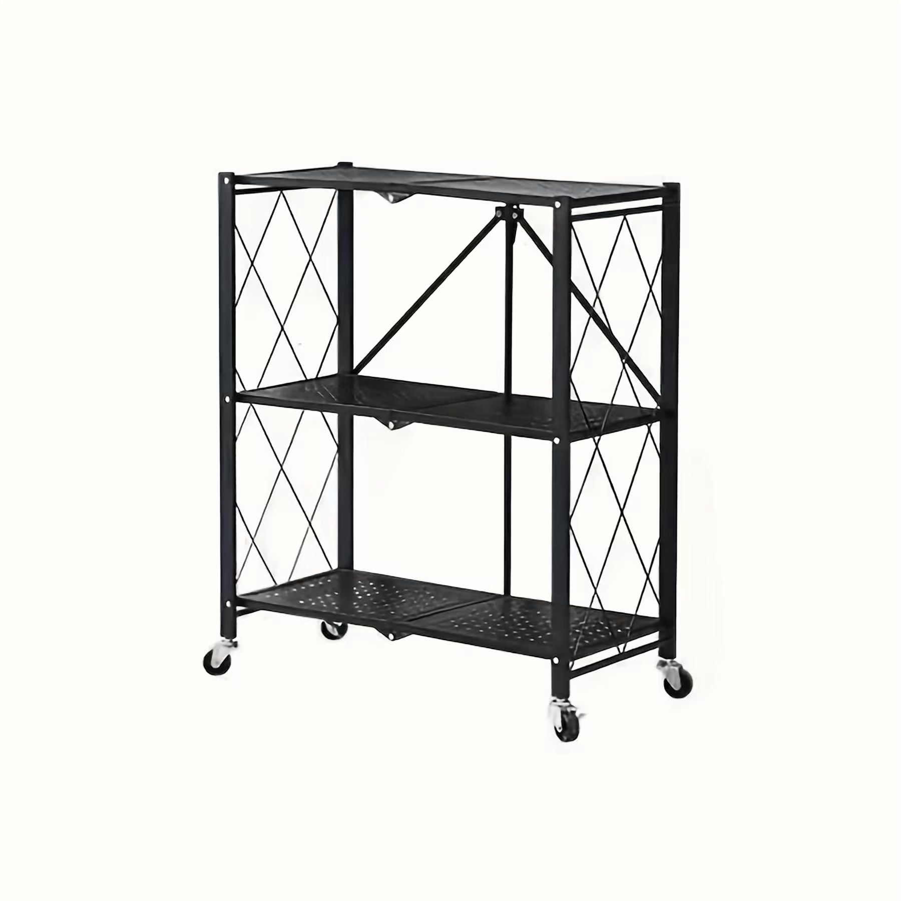 Heavy Duty Foldable Metal Storage Rack with Wheels, 3 Tier, No Installation, Removable Shelves, Black - Utility Shelving for Garage, Kitchen, Living Room, Study, Basement