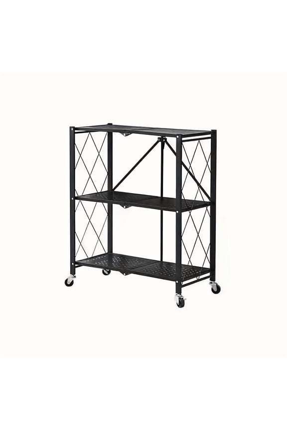 Heavy Duty Foldable Metal Storage Rack with Wheels, 3 Tier, No Installation, Removable Shelves, Black - Utility Shelving for Garage, Kitchen, Living Room, Study, Basement