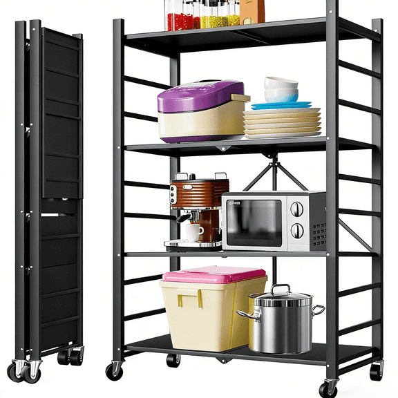 Heavy Duty Foldable Metal Storage Rack with Wheels, 4 Tier, No Installation, Removable Shelves, Black - Utility Shelving for Garage, Kitchen, Living Room, Study, Basement