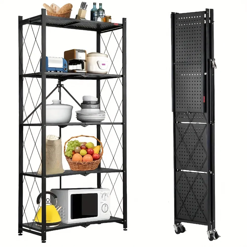 Heavy Duty Foldable Metal Storage Rack with Wheels, 5 Tier, No Installation, Removable Shelves, Black - Utility Shelving for Garage, Kitchen, Living Room, Study, Basement