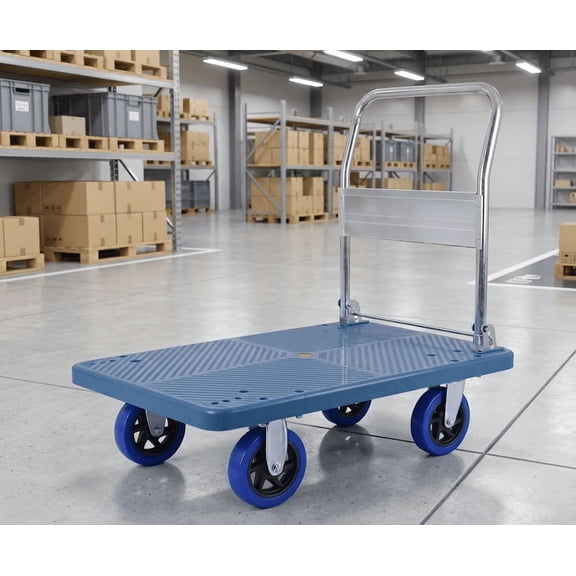 Heavy Duty Foldable Platform Push Cart with Swivel Wheels, 660lb Weight Capacity, Utility Flatbed Trolley for Warehousing and Material Handling, Blue