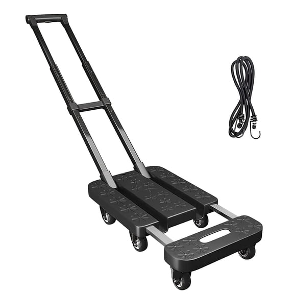 Heavy Duty Foldable Portable Trolley - 600LBS/270KG Load, 6 Bearing Wheels (4×360° Rotation), 3-Level Adjustable Handle, Anti-Slip Board & Elastic Cord for Travel, Shopping, Office & Moving