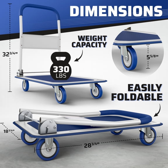 Heavy Duty Foldable Push Cart Dolly | 330 lbs. Capacity | Upgraded Collapsible Hand Truck Folding Platform with Swivel Wheels | Flat Bed Moving Wagon | Space Saving Push Handle (Yellow)