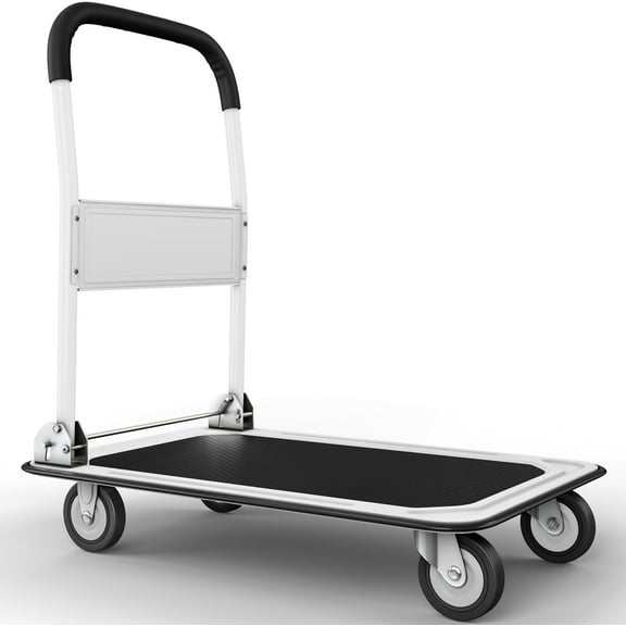 Heavy Duty Foldable Push Cart Dolly | 660 lbs. Capacity | Upgraded Collapsible Hand Truck Folding Platform with Swivel Wheels | Flat Bed Moving Wagon | Space Saving Push Handle (White)