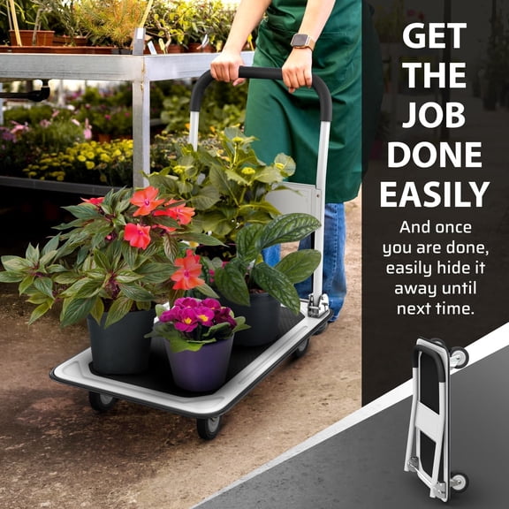 Heavy Duty Foldable Push Cart Dolly | 330 lbs. Capacity | Upgraded Collapsible Hand Truck Folding Platform with Swivel Wheels | Flat Bed Moving Wagon | Space Saving Push Handle (White)