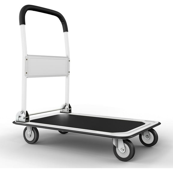 Heavy Duty Foldable Push Cart Dolly | 330 lbs. Capacity | Upgraded Collapsible Hand Truck Folding Platform with Swivel Wheels | Flat Bed Moving Wagon | Space Saving Push Handle (White)