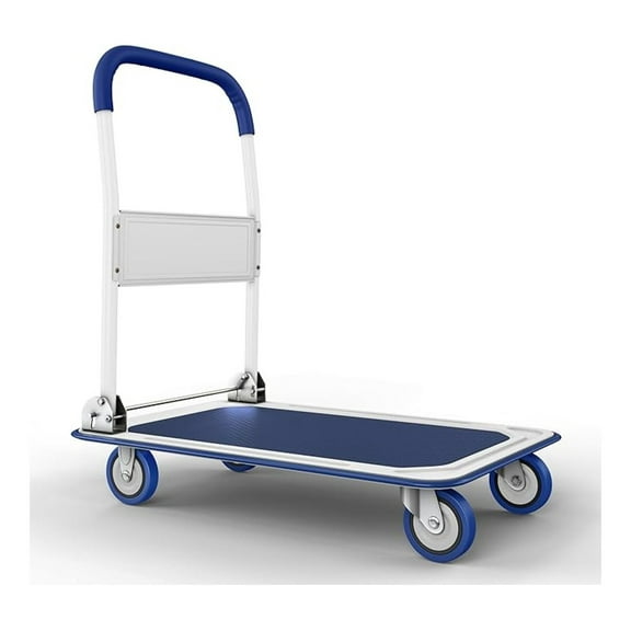 Heavy Duty Foldable Push Cart Dolly | 330 lbs. Capacity | Upgraded Collapsible Hand Truck Folding Platform with Swivel Wheels | Flat Bed Moving Wagon | Space Saving Push Handle (Blue)