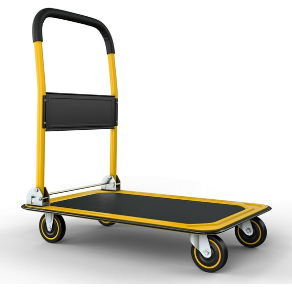 Heavy Duty Foldable Push Cart Dolly | 330 lbs. Capacity | Upgraded Collapsible Hand Truck Folding Platform with Swivel Wheels | Flat Bed Moving Wagon | Space Saving Push Handle (Yellow)