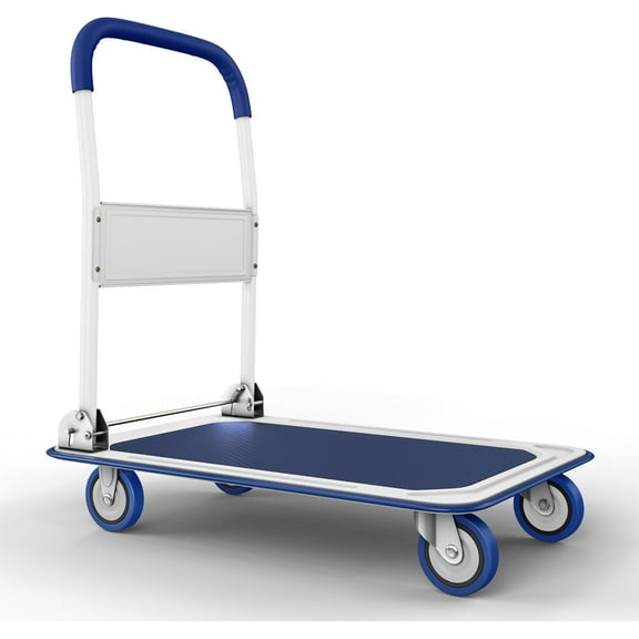 Heavy Duty Foldable Push Cart Dolly | 330 lbs. Capacity | Upgraded Collapsible Hand Truck Folding Platform with Swivel Wheels | Flat Bed Moving Wagon | Space Saving Push Handle (Blue)