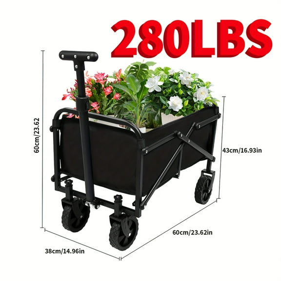 Heavy-Duty Foldable Utility Cart with 360° All-Terrain Wheels, 280-600LB Capacity Portable Wagon for Camping Shopping Outdoor Adventures, Sturdy Frame & Durable Construction (Black)
