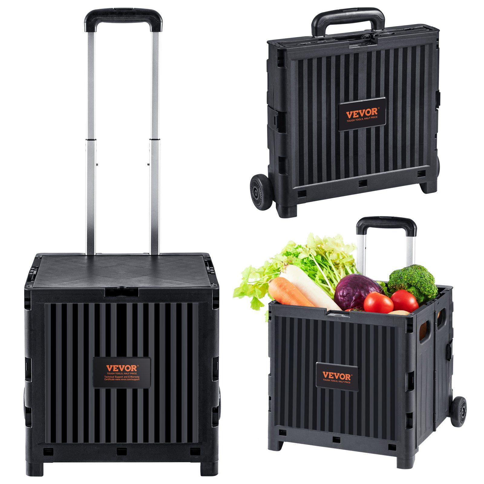 Heavy Duty Foldable Utility Cart, 80 lbs Capacity, 2-Wheel Folding Hand Truck with Telescoping Handle for Grocery Shopping, Travel, Moving, Luggage & Office Use, Black