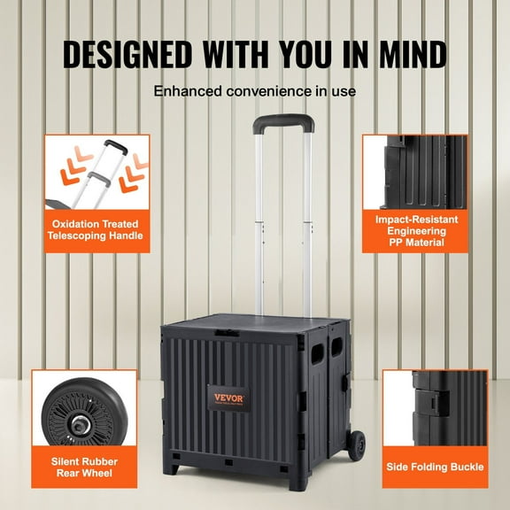 Heavy-Duty Foldable Utility Cart with Telescoping Handle, 80 lbs Capacity, 2-Wheel Portable Rolling Crate for Shopping, Travel, Moving, Luggage & Office Use, Black